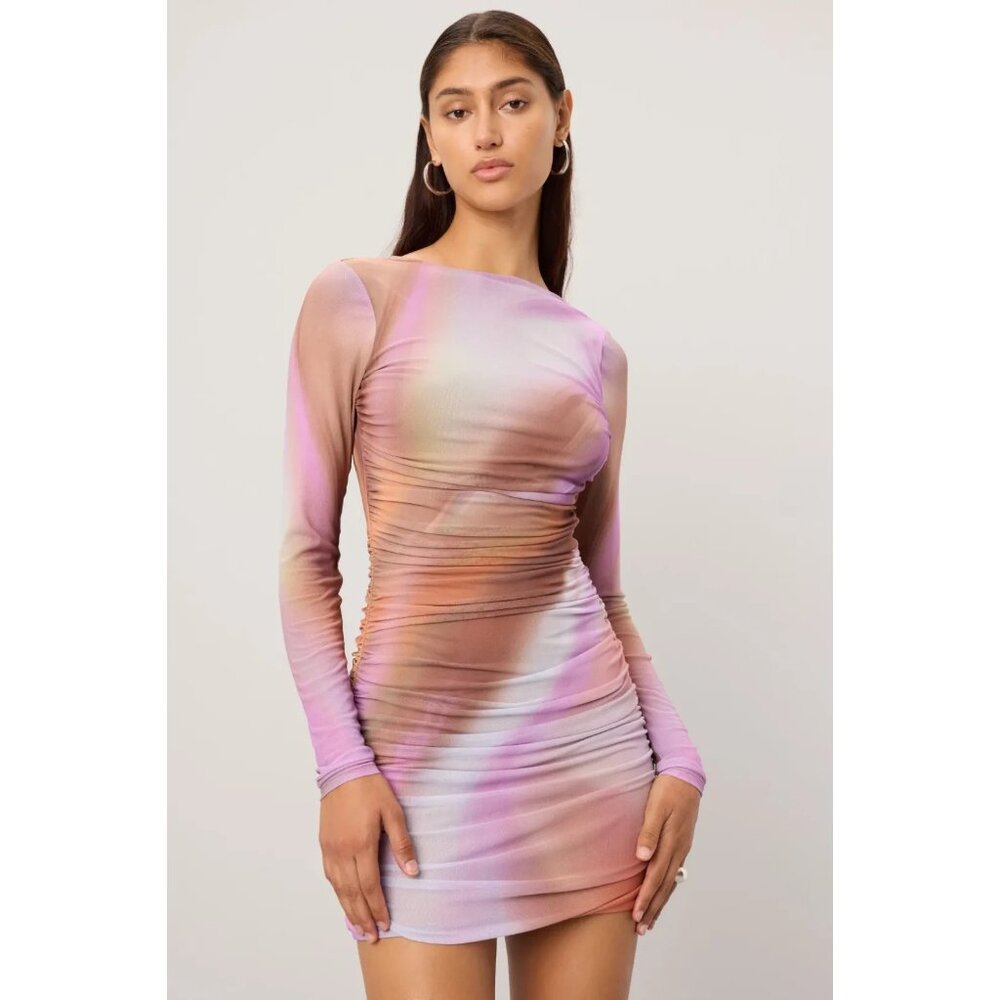 AFRM Maya Purple Mesh Motif Ruched Long Sleeve Mini Dress – Women’s Size XS - Picture 4 of 13